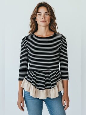 THML Striped Ruffle Bottom Tee // Black // Small